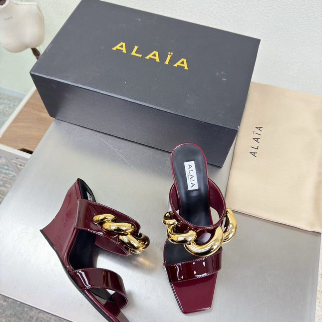 ALAIA 26S DOUBLE STRAP WEDGE SANDALS 110 MM IN DARK RED GLOSSY CALFSKIN WITH GOLD HARDWARE