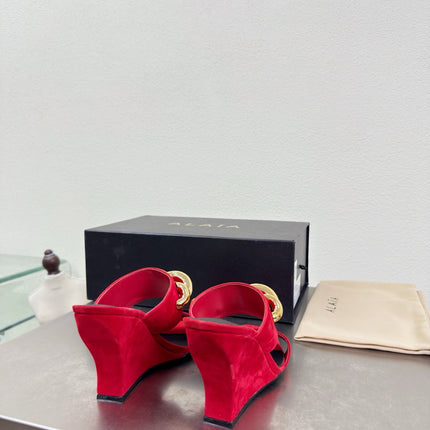 ALAIA 26S DOUBLE STRAP WEDGE SANDALS 110 MM IN RED SUEDE WITH GOLD HARDWARE
