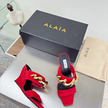 ALAIA 26S DOUBLE STRAP WEDGE SANDALS 110 MM IN RED SUEDE WITH GOLD HARDWARE