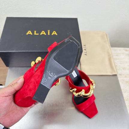 ALAIA 26S DOUBLE STRAP WEDGE SANDALS 110 MM IN RED SUEDE WITH GOLD HARDWARE