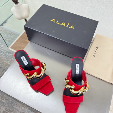 ALAIA 26S DOUBLE STRAP WEDGE SANDALS 110 MM IN RED SUEDE WITH GOLD HARDWARE