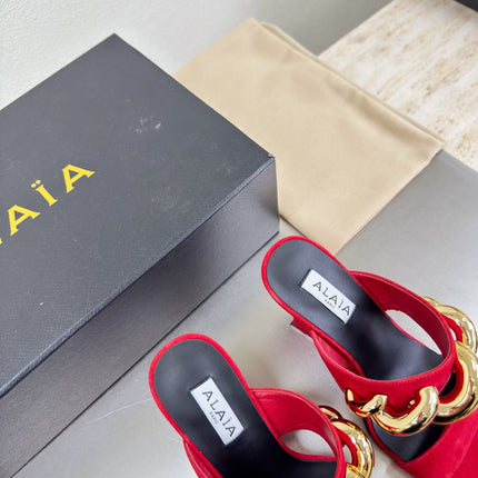 ALAIA 26S DOUBLE STRAP WEDGE SANDALS 110 MM IN RED SUEDE WITH GOLD HARDWARE