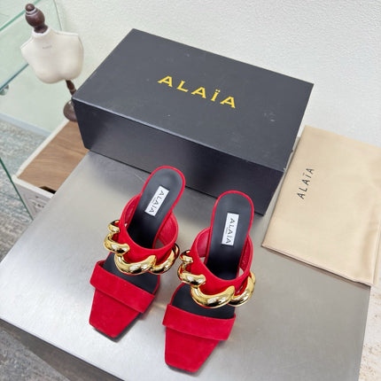 ALAIA 26S DOUBLE STRAP WEDGE SANDALS 110 MM IN RED SUEDE WITH GOLD HARDWARE