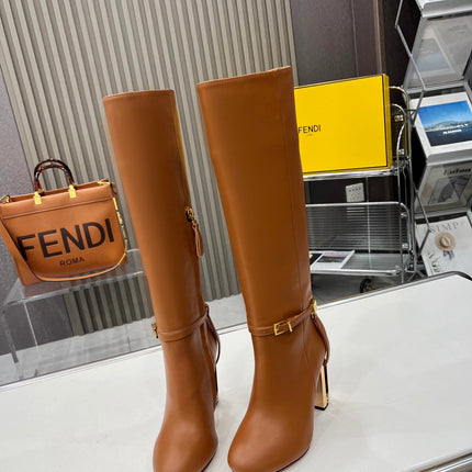FF HIGH BOOTS IN TAWNY BROWN CALFSKIN GOLD HARDWARE