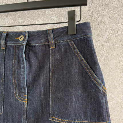 Loewe Pocket Leather Skirt Dark Blue Denim Cotton