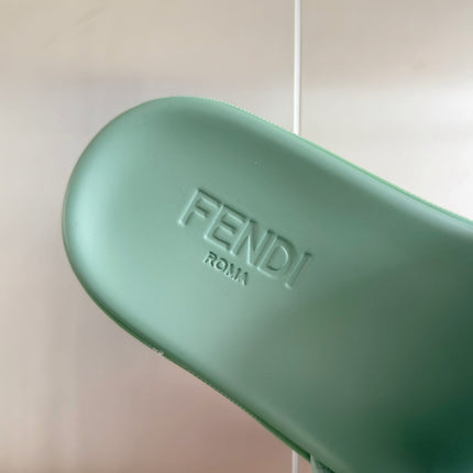FENDI ROMA SLIDE IN SEAFOAM GREEN GRAINED CALFSKIN WITH RED LOGO