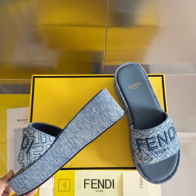 FENDI PLATFORM WEDGES IN STEEL BLUE JACQUARD FABRIC WITH EMBROIDERED LOGO