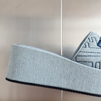 FENDI PLATFORM WEDGES IN PIGEON BLUE JACQUARD FABRIC WITH EMBROIDERED LOGO