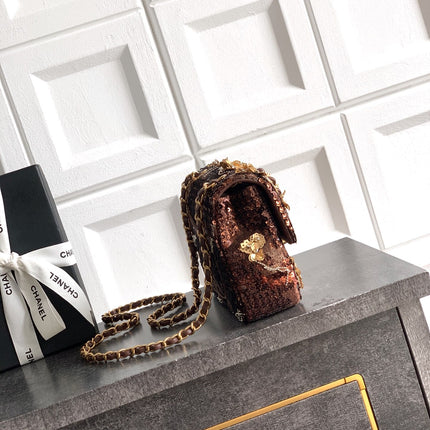 CHANEL 26S FLORAL SEQUIN CLASSIC FLAP 21 IN BROWN BRONZE SEQUIN GOLD HARDWARE