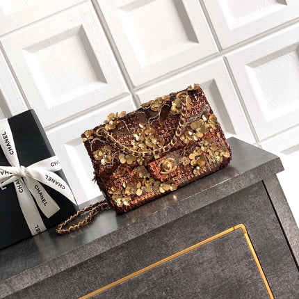 CHANEL 26S FLORAL SEQUIN CLASSIC FLAP 21 IN BROWN BRONZE SEQUIN GOLD HARDWARE