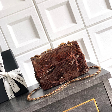 CHANEL 26S FLORAL SEQUIN CLASSIC FLAP 21 IN BROWN BRONZE SEQUIN GOLD HARDWARE
