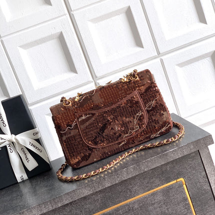 CHANEL 26S CLASSIC FLAP 25 IN BROWN BRONZE SEQUIN GOLD HARDWARE