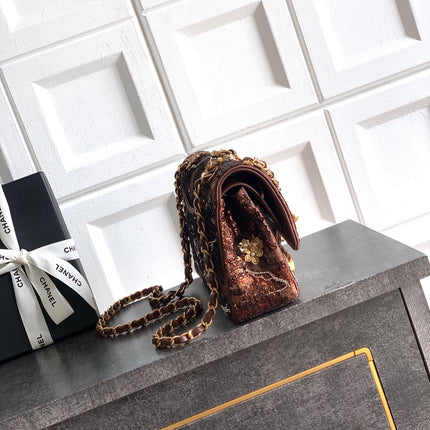 CHANEL 26S CLASSIC FLAP 25 IN BROWN BRONZE SEQUIN GOLD HARDWARE