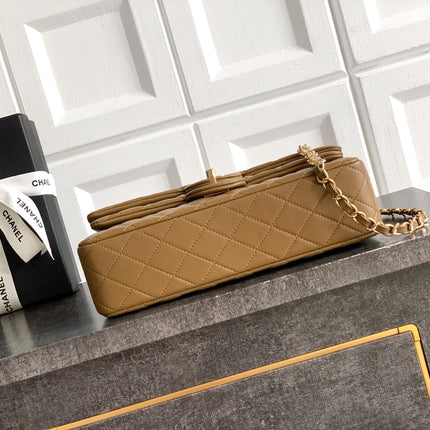 CHANEL 26S QUILTED CLASSIC FLAP MEDIUM BAG 25 IN KHAKI BROWN LAMBSKIN GOLD HARDWARE