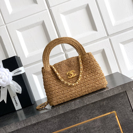 CHANEL 26S TOP HANDLE BAG 19 IN NATURAL RAFFIA AND CALFSKIN GOLD HARDWARE