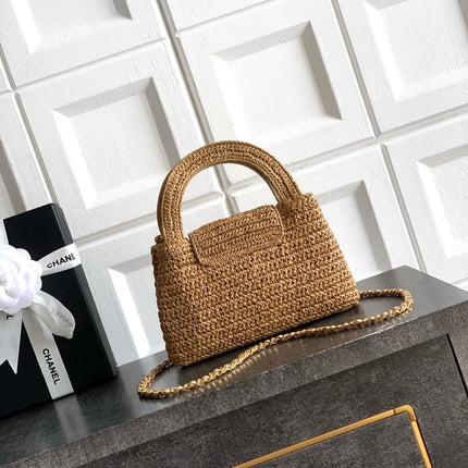 CHANEL 26S TOP HANDLE BAG 19 IN NATURAL RAFFIA AND CALFSKIN GOLD HARDWARE