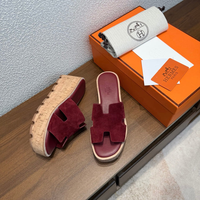 HM 26S H CUT PLATFORM SLIDES IN BURGUNDY RED SUEDE CORK SOLE
