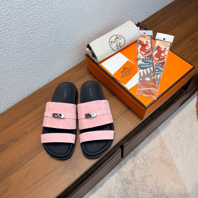 HM 26S KELLY BUCKLE DOUBLE STRAP SANDALS IN PINK SUEDE SILVER HARDWARE