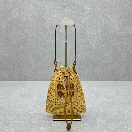 MIUMIU 26S DRAWSTRING TOTE BAG 20 IN BEIGE RAFFIA