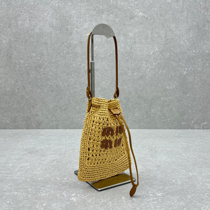 MIUMIU 26S DRAWSTRING TOTE BAG 20 IN BEIGE RAFFIA
