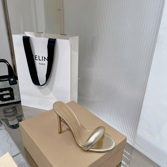 GIANVITO ROSSI 26S PADDED STRAP HIGH-HEEL MULES 105 MM IN GOLD LAMBSKIN