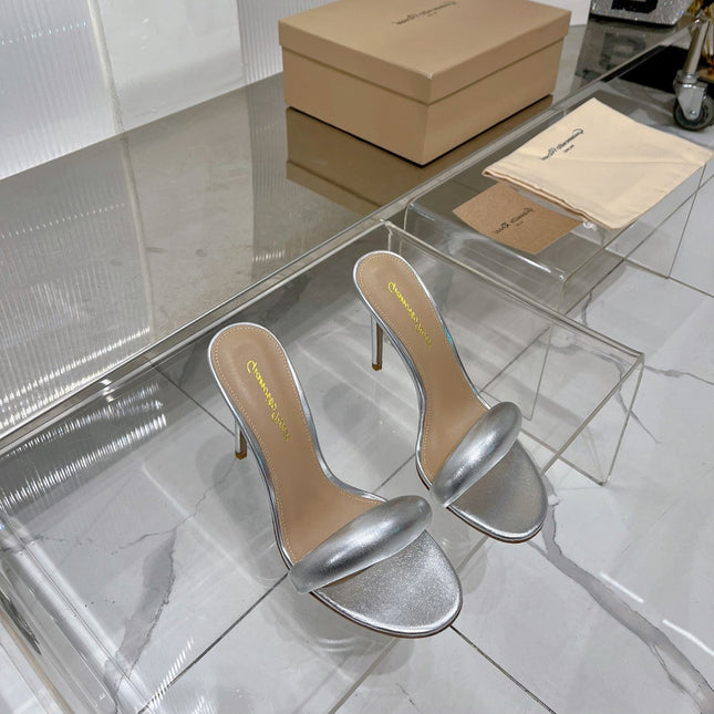 GIANVITO ROSSI 26S PADDED STRAP HIGH-HEEL MULES 105 MM IN SILVER LAMBSKIN