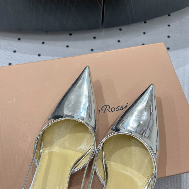 GIANVITO ROSSI 26S HEELED SLINGBACKS 85 MM IN SILVER PATENT CALFSKIN