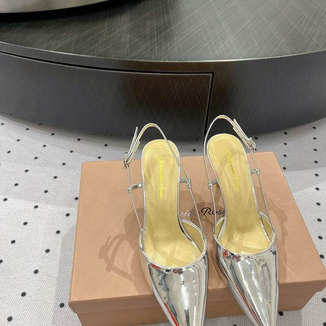 GIANVITO ROSSI 26S HEELED SLINGBACKS 85 MM IN SILVER PATENT CALFSKIN