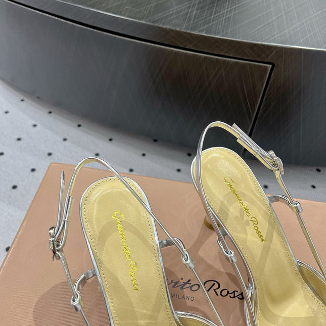 GIANVITO ROSSI 26S HEELED SLINGBACKS 85 MM IN SILVER PATENT CALFSKIN