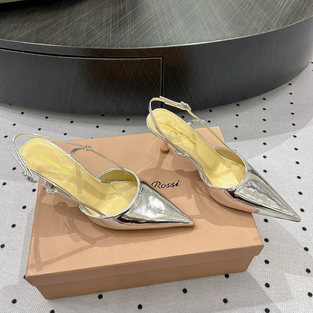 GIANVITO ROSSI 26S HEELED SLINGBACKS 85 MM IN SILVER PATENT CALFSKIN