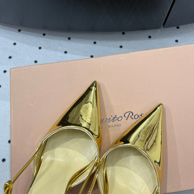 GIANVITO ROSSI 26S HEELED SLINGBACKS 85 MM IN GOLD PATENT CALFSKIN