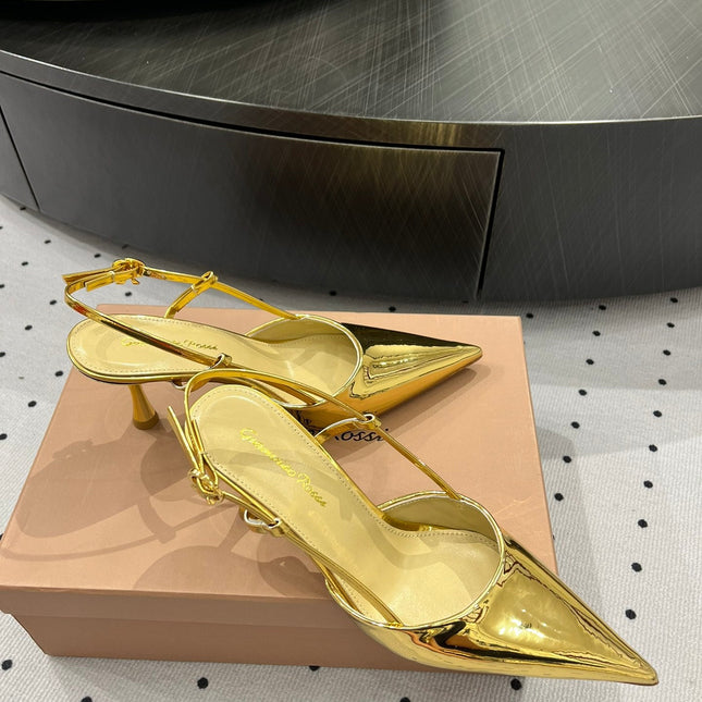 GIANVITO ROSSI 26S HEELED SLINGBACKS 85 MM IN GOLD PATENT CALFSKIN