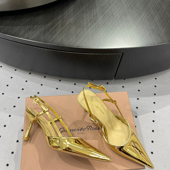 GIANVITO ROSSI 26S HEELED SLINGBACKS 85 MM IN GOLD PATENT CALFSKIN
