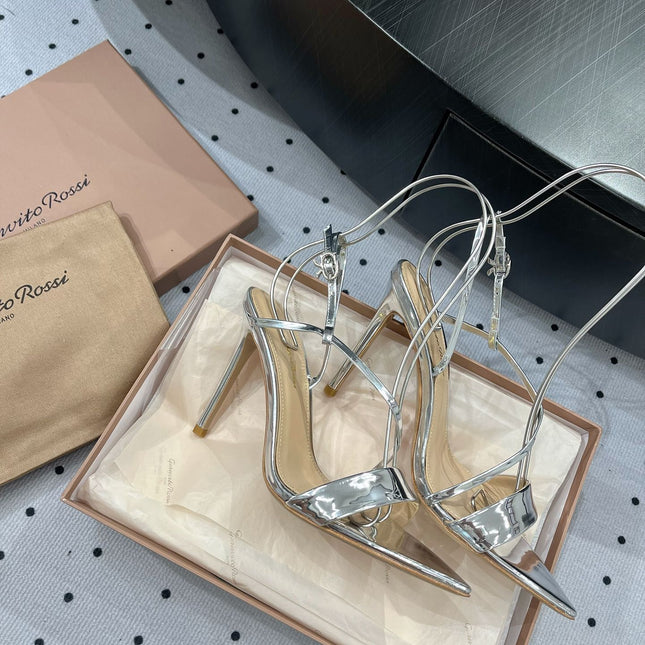 GIANVITO ROSSI 26S STRAPPY HIGH-HEEL SANDALS 110 MM IN SILVER CALFSKIN