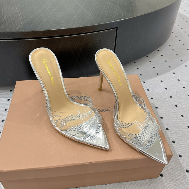 GIANVITO ROSSI 26S HIGH-HEEL SANDALS 110 MM IN SILVER RHINESTONE PVC
