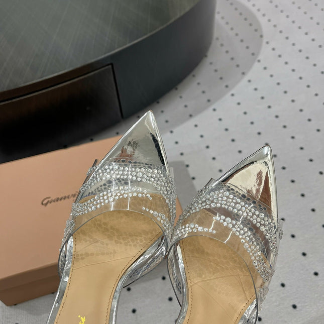 GIANVITO ROSSI 26S HIGH-HEEL SANDALS 110 MM IN SILVER RHINESTONE PVC