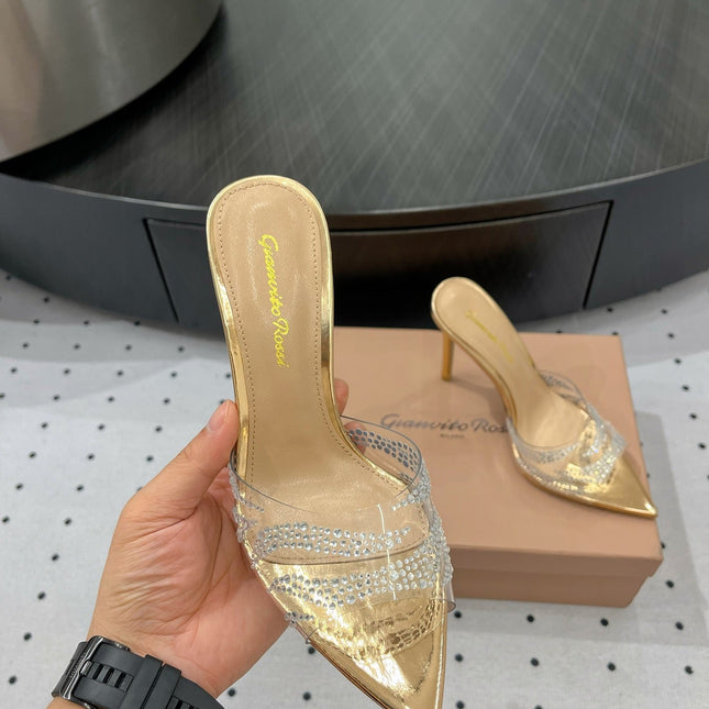 GIANVITO ROSSI 26S HIGH-HEEL SANDALS 110 MM IN GOLD RHINESTONE PVC