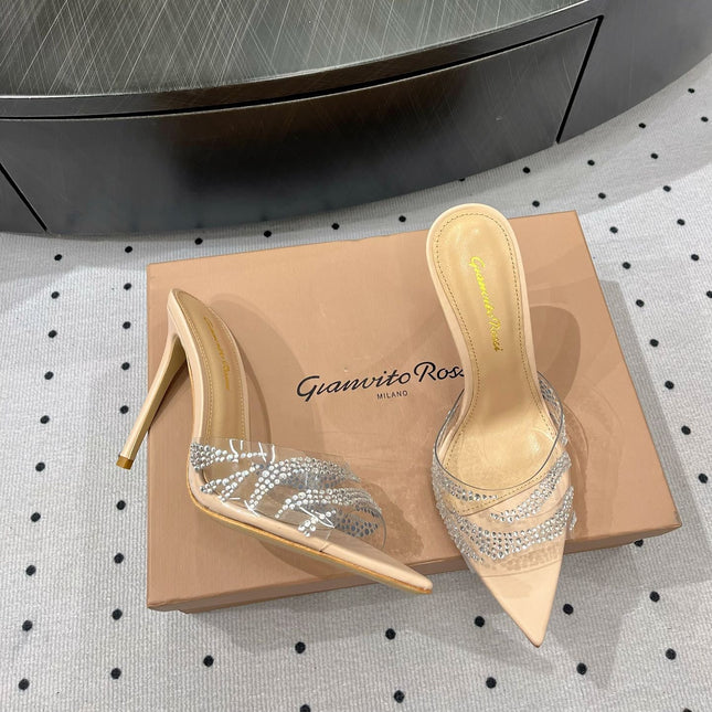 GIANVITO ROSSI 26S HIGH-HEEL SANDALS 110 MM IN BEIGE RHINESTONE PVC