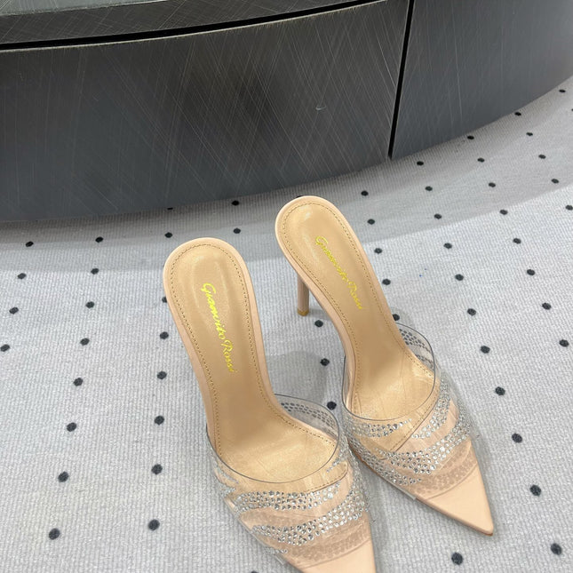 GIANVITO ROSSI 26S HIGH-HEEL SANDALS 110 MM IN BEIGE RHINESTONE PVC