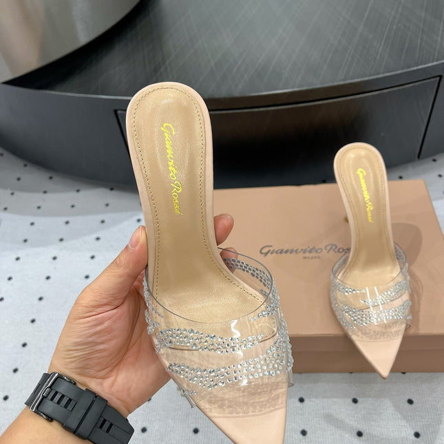 GIANVITO ROSSI 26S HIGH-HEEL SANDALS 110 MM IN BEIGE RHINESTONE PVC