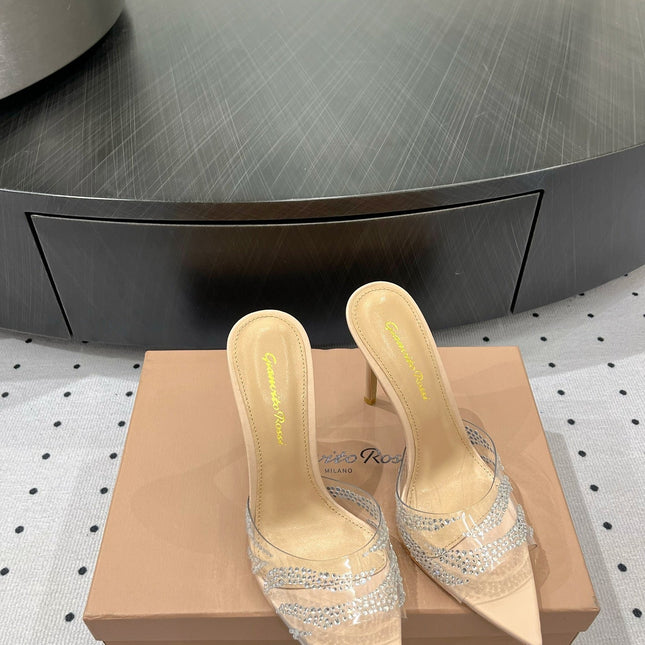 GIANVITO ROSSI 26S HIGH-HEEL SANDALS 110 MM IN BEIGE RHINESTONE PVC