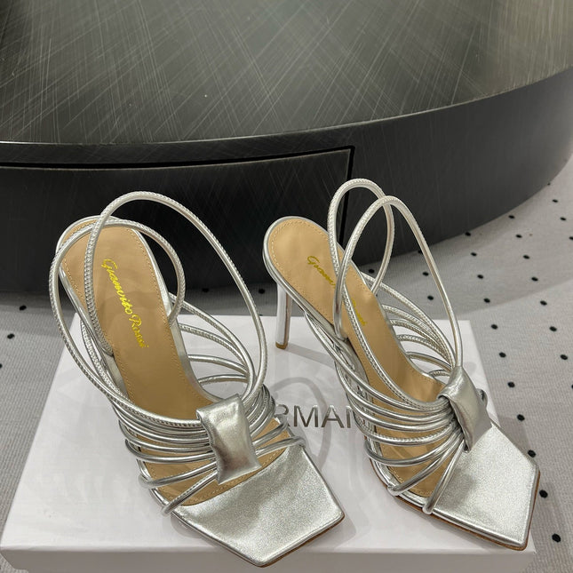GIANVITO ROSSI 26S STRAPPY HIGH-HEEL SANDALS 110 MM IN SILVER LAMBSKIN