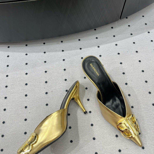 POINTED BB GOLD BUCKLE HEELED SLINGBACK IN GOLD METALLIC SHINY CALFSKIN