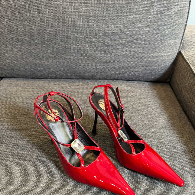 HIGH SANDAL ATTACHED GEM IN RED GLOSSY CALFSKIN