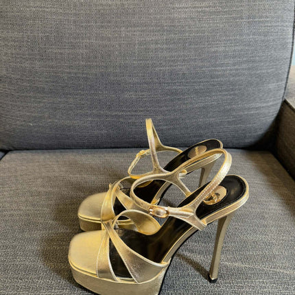 YSL 26S CROSS-STRAP SANDALS 150 MM IN GOLD CALFSKIN