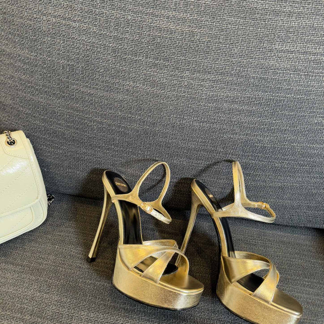 YSL 26S CROSS-STRAP SANDALS 150 MM IN GOLD CALFSKIN