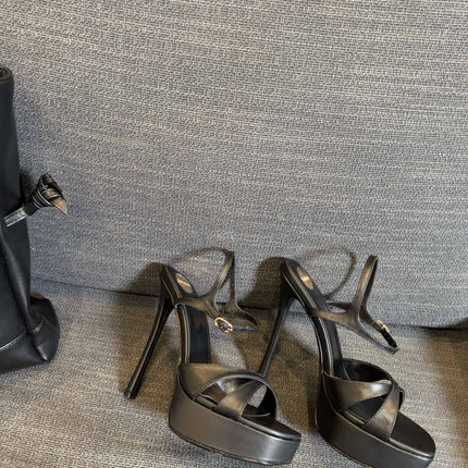 YSL 26S CROSS-STRAP SANDALS 150 MM IN BLACK CALFSKIN