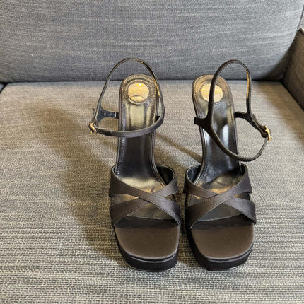 YSL 26S CROSS-STRAP SANDALS 150 MM IN BLACK SATIN