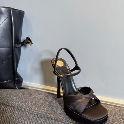 YSL 26S CROSS-STRAP SANDALS 150 MM IN BLACK SATIN