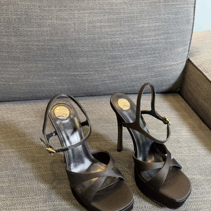 YSL 26S CROSS-STRAP SANDALS 150 MM IN BLACK SATIN
